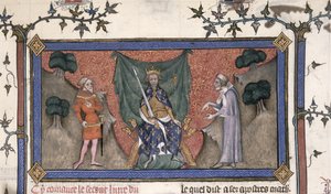 Roy 19 C IV f.154 Król Karol V (1337-80) intronizowany z koroną, mieczem i berłem pomiędzy rycerzem a urzędnikiem autorstwa French School