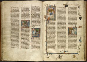 Royal 14 E. III, ff.88v-89 Lancelot wyjmuje głowę swego pozbawionego głowy dziadka, króla, z wrzącej studni; budynek zawalony na dwóch rycerzy. Po prawej miniatura Artura i Ginewry siedzących na bankiecie, z Estoire del Saint Graal, autorstwa French School