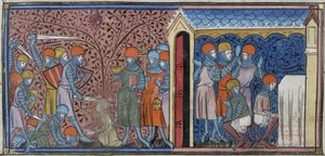 Royal 16 G. VI, f.185v Najazd na Mansur w Kordobie, ilustracja z „Chroniques de France ou de Saint Denis” (welin) autorstwa French School