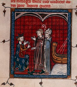 Royal 16 G. VI, f.337 Król Filip II i Patriarcha, ilustracja z „Chroniques de France ou de Saint Denis” (welum) autorstwa French School