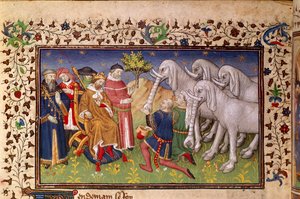 Royal 20 B. XX, fol.82v, Aleksander obdarowany białymi słoniami, z 
