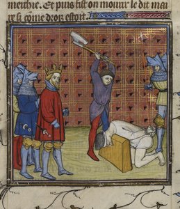 Royal 20 C. VII f.134v Przywódcy powstania Jacquerie przeciwko francuskiej szlachcie ścięty na rozkaz króla Nawarry, z „Chroniques de France ou de St Denis” (atrament, kolor i złoto na welinie) autorstwa French School
