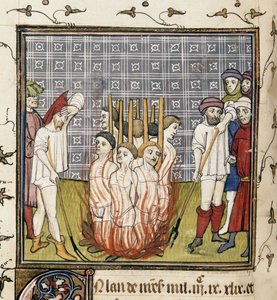 Royal 20 C. VII, f.44v Spalenie templariuszy, ilustracja z „Chroniques de France ou de St. Denis” (welum) autorstwa French School