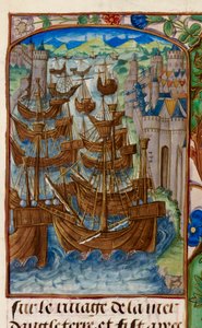 Royal 20 E. III, fol.186v Flota francuska zaatakowana w Sluys, z „Chroniques de France ou de Saint Denis” autorstwa French School