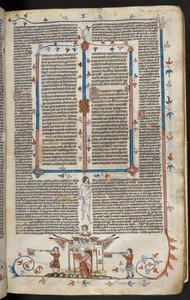 Royal MS 10 E IV f.66r, bas-de-page scena rycerza na koniu wyłaniającego się z zamku, ok.1300-40 (pióro i tusz oraz tempera na pergaminie) autorstwa French School