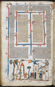 Royal MS 10 E IV f.88v, bas-de-page scena smoka atakującego zamek, ok. 1300-40 (pióro i atrament oraz tempera na pergaminie) autorstwa French School