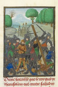 Królewski MS 15 E I, f. 433v, Klęska Guya z Lusignan przez Saladyna i utrata krzyża, z „Histoire d
