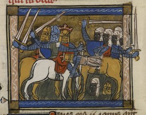 Royal MS 19 D I, f.77v Battle of Czyngis-chan i Prester John, z „Marco Polo, The Devising of the World, w poprawionej wersji przypisywanej Thibault de Cépoy”, c.1333-40 (tusz, kolor i złoto na welinowy); autorstwa French School