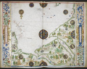 Royal MS 20 E IX f.11v do f.12r Mapa wybrzeży Azji i Afryki od Przylądka Komorin do Przylądka Delgado, w tym Zatoki Perskiej i Morza Czerwonego, z „Boke of Idrography” („Atlas Rotz”) Jean Rotz, c.1535-42 (tusz, kolor i złoto na welinie) autorstwa French School