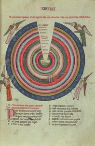 Royal Ms 19 C I fol.50 Schemat kosmologiczny, pocz. XIV w. (welum) autorstwa French School