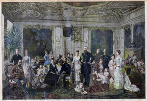Rodziny królewskie gromadzące się w Danii z okazji srebrnego ślubu cara i carycy w małej wiosce Juleboekshusene z „Le Petit Journal”, 26 września 1891 (kolorowa rycina) autorstwa French School