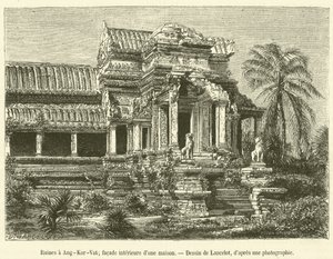 Ruiny w Angkor-Vat, wewnętrzna elewacja domu (grafika) autorstwa French School