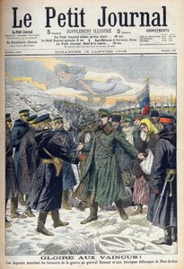 Wojna rosyjsko-japońska 1904-1905: Japończycy zezwalają generałowi Stoesselowi i rosyjskim obrońcom Port Arthur na honorową kapitulację. Z Le petit Journal, Paryż autorstwa French School