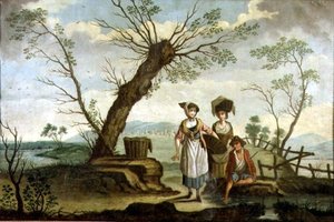 Rustykalny pejzaż z praczkami i chłopem autorstwa French School