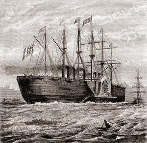 SS Great Eastern, żelazny żaglowiec parowy zaprojektowany przez Isambarda Kingdom Brunela, z Les Merveilles de la Science, wydany ok. 1870 (rycina) autorstwa French School