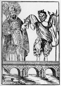 Święty Cado (lub Cadoc lub Catuod lub Catoc lub Cazut lub Cadochus) legendarny święty chrześcijanin oddaje kota diabłu w zamian za zbudowanie mostu - popularne obrazy Perret autorstwa French School