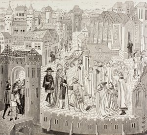Św. Gaugericus, biskup Cambrai, przybywający do miasta na swoją nominację, z „Życia wojskowego i religijnego w średniowieczu” Paula Lacroix, opublikowanego w Londynie ok. 1880 r. autorstwa French School