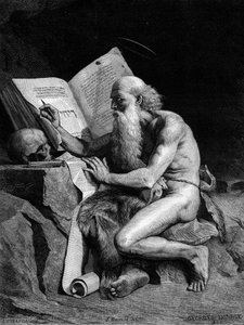Święty Hieronim na pustyni. Grawerowanie według obrazu Georgesa Sauvage (Auguste Albert Georges Sauvage dit) (XIX w.). Grawerowanie w „”Le Monde Illustré””n°1196 z 28 lutego autorstwa French School