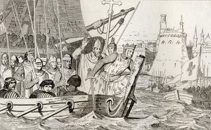 سینټ لوئیس IX (1214-70) په جګړه کې د خپلو سرتیرو مشري کوي، د کولارټ لخوا د "Histoire de France" څخه، c.1840 poli چاپ شوی autorstwa French School