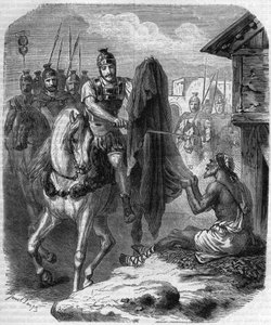 Saint Martin de Tours (Saint-Martin-de-Tours, v. 316-397) robi dwa kawałki swojego płaszcza, aby dać go biednemu człowiekowi. Grawer w „Histoire des Papes-Rois-Queen and Empereurs a travers les Century” Maurice Lachatre autorstwa French School