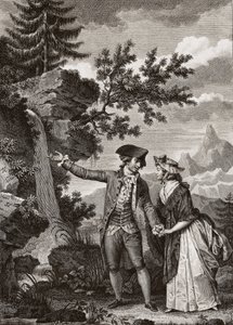 Grawerowanie Saint Preux i Julia z 1793 roku dla „Julie ou la nouvelle Heloise” autorstwa szwajcarskiego filozofa Jeana Jacquesa (Jean-Jacques) Rousseau (1712-1778) - Julia i Saint-Preux, ilustracja z „La Nouvelle Heloise” autorstwa Jean-Jacques Rousseau ( autorstwa French School