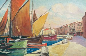 Saint Tropez: Żaglówka w porcie (kolorowa litografia) autorstwa French School