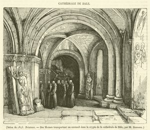Salon 1843, Malarstwo, Des Moines transportant un cercueil dans la crypte de la cathedrale de Bale (rycina) autorstwa French School