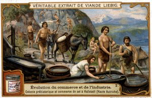 Handel solą w Górnej Austrii w czasach prehistorycznych w Hallstadt - chromo. Liébig autorstwa French School