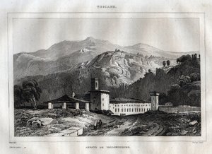 Opactwo benedyktyńskie Santa Maria di Vallombrosa położone w gminie Reggello, w Toskanii - Opactwo Vallombrosa - Rycina z „” Malownicze Włochy”” – Historyczne i opisowe malarstwo Włoch”” M. de Norvins, Ch. Nodier 1834-1836. autorstwa French School