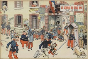 Satyra na wprowadzenie poboru do armii francuskiej. Ilustracja do Le Rire (kolor lito) autorstwa French School