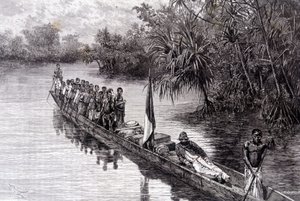 Savorgnan of Brazza w czółnie w pandanusie Afryki Zachodniej - w „Tour du Monde”, 2 tydzień 1887 autorstwa French School