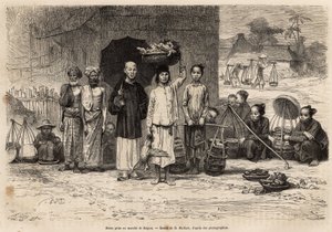 Scene du marche de Saigon, rycina według rysunku D.Maillarda, ilustrująca podróż do Cochinchine, autorstwa doktora Morice