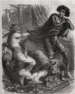 Scena z Biblii: „”Złapała za tunikę zbyt cnotliwego młodzieńca”””. Żona Putifara (Potifara) próbuje uwieść Józefa, niewolnika faraona. Grawer z 1871 r. w „Histoire Des Cocus Celebres” Henry