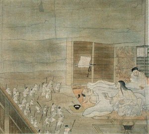 Scena delirium, kopia kakemono z XII wieku przypisywanego Mitsunaga Fujiwara, z "Kokki", kwiecień 1904 (kolor lito) autorstwa French School