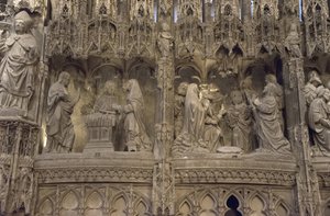 Scena chóru katedry w chartres: po lewej: objawienie Chrystusa matce, po prawej: wniebowstąpienie autorstwa French School
