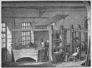Nauka. Produkcja papieru. Papier czerpany. Rycina w: Wielcy ludzie i wielkie fakty przemysłowe, Francja, ok. 1880 r. (rycina) autorstwa French School