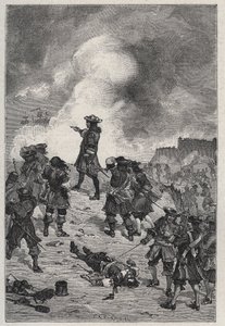 Sebastian Prestre lord Vauban (1633-1717), marszałek Francji broni Brześcia przed atakiem floty angielskiej w 1695 r. - rycina w „Les Hommes Celebres de la France” Louisa Dumasa 1889 autorstwa French School