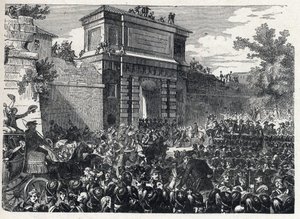 Druga koalicja: bitwa pod Hohenlinden (niedaleko Monachium, Niemcy) 12 Frimaire roku IX (3 grudnia 1800) pomiędzy francuskimi oddziałami generała Jean Victor (Jean-Victor) Moreau a siłami austriackimi i bawarskimi dowodzonymi przez arcyksięcia Jeana Baptis autorstwa French School