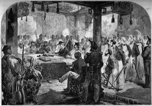 Druga wojna opiumowa między Francją a Anglią i Chinami (1858-1860) - podpisanie traktatu w Tianjin (Tientsin) w 1858 r.: ambasadorowie Anglii i Francji Lord Elgin (James Bruce autorstwa French School