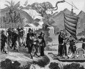 Druga wojna opiumowa między Francją a Anglią i Chinami (1858-1860): chińska karykatura konfliktu. Łódź jest gotowa do podpłynięcia do wybrzeża pod szyderczym spojrzeniem grupy Chińczyków. Na pokładzie łodzi dwie postacie reprezentujące Francję (po lewej) i autorstwa French School