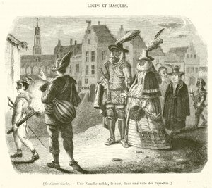 XVI wiek, Szlachecka rodzina wieczorem w mieście w Holandii (rycina) autorstwa French School
