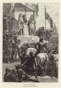 Serment de Strasbourg. Przysięgi Strasburga, sojusz Ludwika Niemieckiego i Karola Łysego, królów wschodniej i zachodniej Francji, 842 (rycina) autorstwa French School
