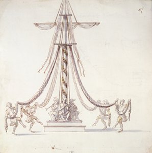 Scenografia baletu z marynarzami tańczącymi wokół masztu, z kolekcji Les Menus Plaisirs du Roi (toaleta i pióro i atrament na papierze) autorstwa French School