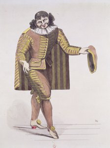 Sganarelle w LEcole des Maris Moliera, premiera 24 czerwca 1661 w Palais-Royal Theatre w Paryżu (pióro, atrament i toaleta na papierze) autorstwa French School
