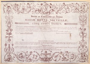Certyfikat akcji na 500 franków dla Bazar Bonne-Nouvelle, 1836 autorstwa French School