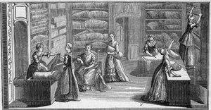 Sklep „kupca mody” w XVIII wieku. Grawerowanie w „La Marine et les colonies: commerce” autorstwa French School