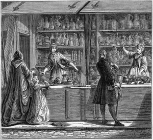 Sklep garncarza z XVIII wieku. Grawerowanie w „La Marine et les colonies: commerce” autorstwa French School