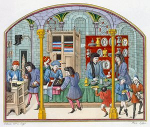 Sklepy pod krytym targiem, według miniatury w XIV-wiecznym przekładzie Etyki i polityki Arystotelesa autorstwa Nicolasa Oresme (ok.1323-82) autorstwa French School