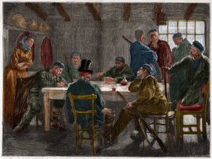 Sycylijska mafia w XIX wieku: Przesłuchanie właściciela ziemskiego zniesionego przez sycylijskich mafiosów w 1873 roku. Rycina z 1873 roku. autorstwa French School