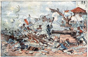 Oblężenie i zdobycie Saragossy w Hiszpanii w lutym 1809 przez wojska napoleońskie. Rycina XIX wieku. autorstwa French School